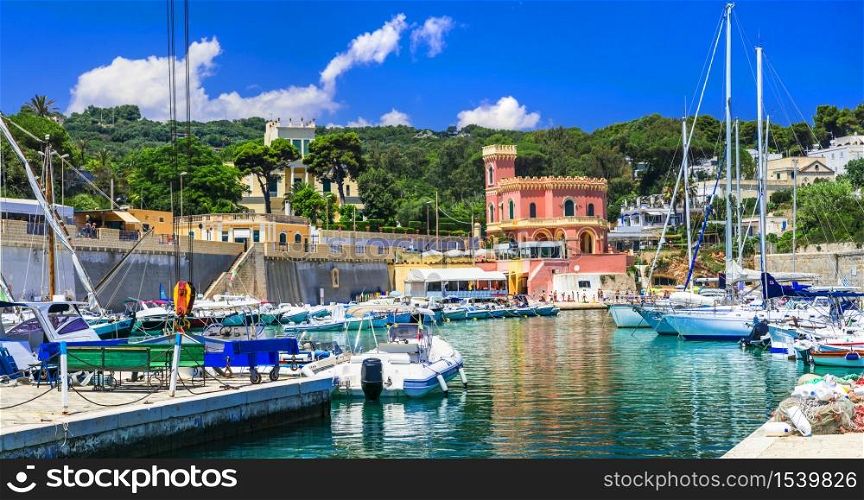 Italy travel. Marina Tricase - beautiful fishing village in Puglia - popular place for summer holidays in Salento.. Italian sea holidays - charming coastal town Tricase in Puglia