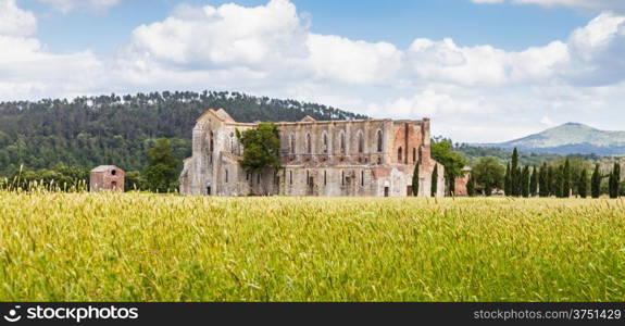 Italy, Tuscany region. Medieval San Galgano Abbey.