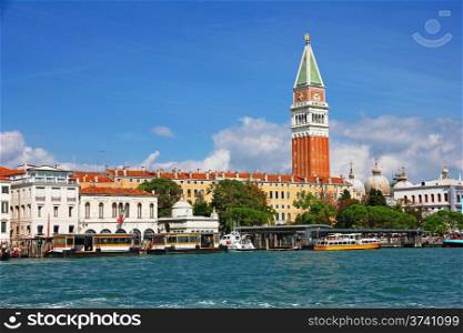 Italy. Venice. View of the lagoon with Campanile on Piazza di San Marco and water bus ( vaporetto ) stop