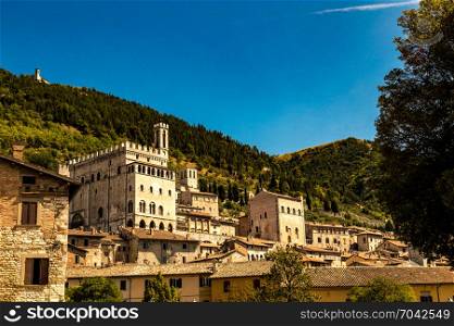 Italy: view of the ducal palace of Gubbio. In the background the wooded forest of Mount Ingino