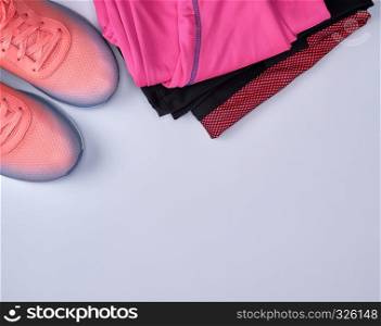 items for fitness on a white background, top view, copy space