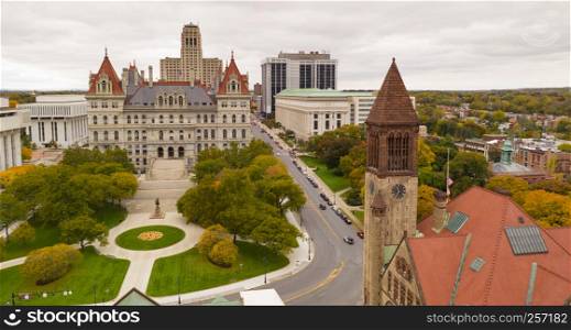 Its a crisp cold day in Albany New York downtown at the statehouse in this aerial view City Hall in the foreground