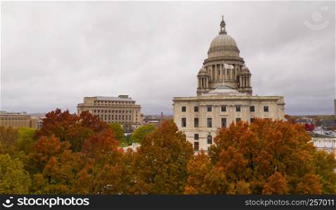 Its an overcast day but the aerial view shows color in the Autumn leaves in Providence RI