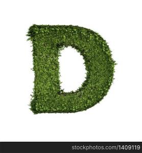 Ivy plant with leaves, green creeper bush and vines forming letter D, English alphabet text font character isolated on white in nature, growth and eco environment concept. 3d tree illustration.
