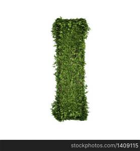 Ivy plant with leaves, green creeper bush and vines forming letter I, English alphabet text font character isolated on white in nature, growth and eco environment concept. 3d tree illustration.