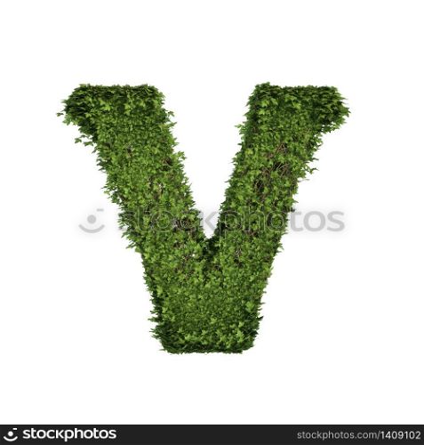 Ivy plant with leaves, green creeper bush and vines forming letter V, English alphabet text font character isolated on white in nature, growth and eco environment concept. 3d tree illustration.