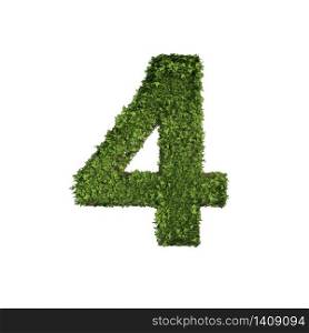 Ivy plant with leaves, green creeper bush and vines forming number four, 4, alphabet text font character isolated on white in nature, growth and eco environment concept. 3d tree illustration.
