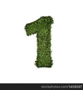 Ivy plant with leaves, green creeper bush and vines forming number one, 1, alphabet text font character isolated on white in nature, growth and eco environment concept. 3d tree illustration.