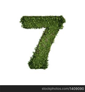 Ivy plant with leaves, green creeper bush and vines forming number seven, 7, alphabet text font character isolated on white in nature, growth and eco environment concept. 3d tree illustration.