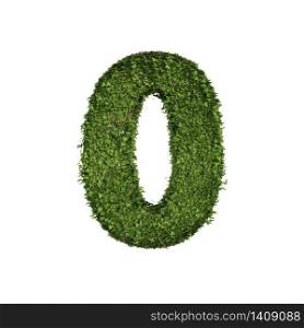 Ivy plant with leaves, green creeper bush and vines forming number zero, 0, alphabet text font character isolated on white in nature, growth and eco environment concept. 3d tree illustration.