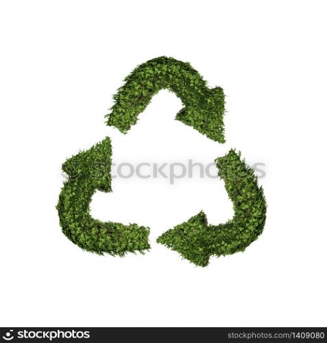 Ivy plant with leaves, green creeper bush and vines forming recycle with arrows sign symbol isolated on white in nature, growth and eco environment concept. 3d tree illustration.