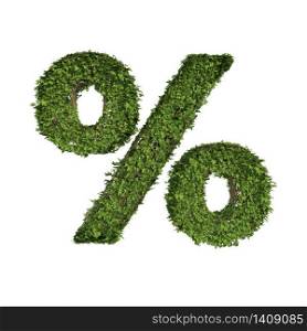Ivy plant with leaves, green creeper bush and vines forming the percent sign symbol isolated on white in nature, growth and eco environment concept. 3d tree illustration.
