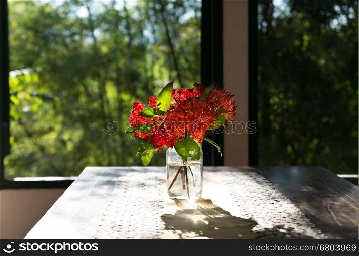 ixora flower in vase on wood table near window with garden view in living room