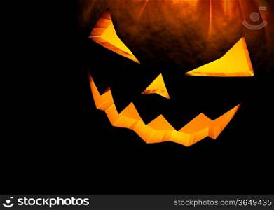 Jack O Lantern halloween pumpkin on black background. Close up with copy space. 3d render