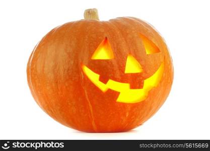 Jack O Lantern halloween pumpkin with candle light inside isolated on white background