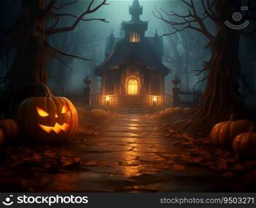 Jack O’ Lanterns in forest at moonlight made with Generative AI