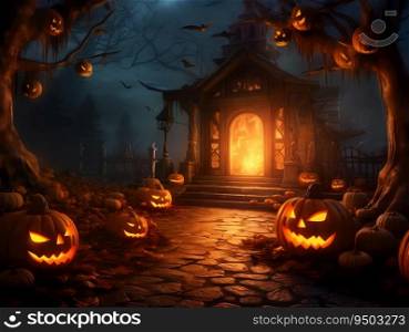 Jack O’ Lanterns in forest at moonlight made with Generative AI