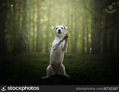 Jack Russell portrait. Female Jack Russel practicing the command  begging  in a forest environment.