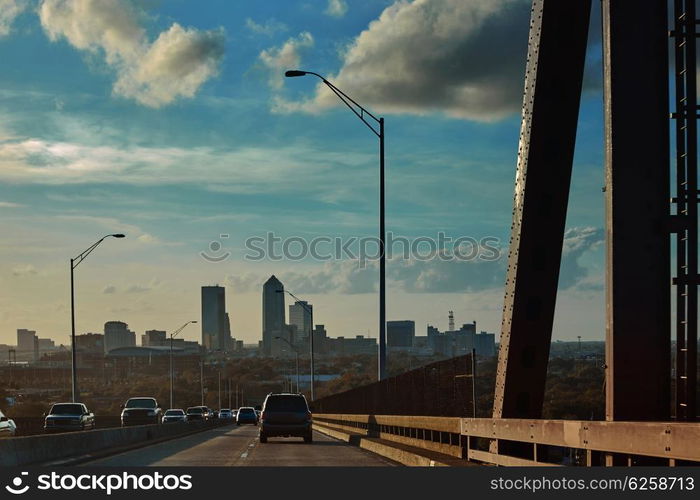 Jacksonville skyline from bridge in florida USA coming from Atlantic Beach