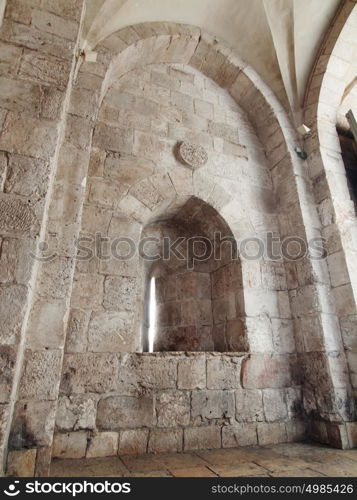 Jaffa gate in a wall of old city Jerusalem. inside view