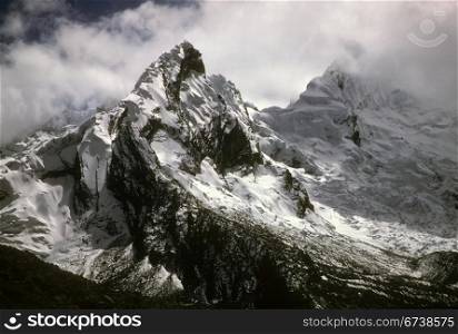 Jagged snow capped peaks, Cordillera Blanca, Andes mountains, Peru, South America