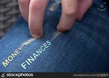 Jaggy jeans with texts.Finanse abstract