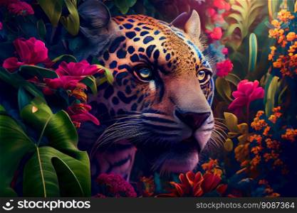 Jaguar in the jungle.  Tropical floral seamless background with Jaguar.  Generative AI 