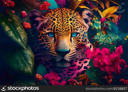 Jaguar in the jungle.  Tropical floral seamless background with Jaguar.  Generative AI
