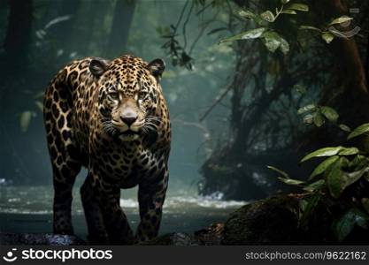 Jaguar walking in water. Panthera onca. Natural habitat.. Jaguar walking in water. Panthera onca. Natural habitat