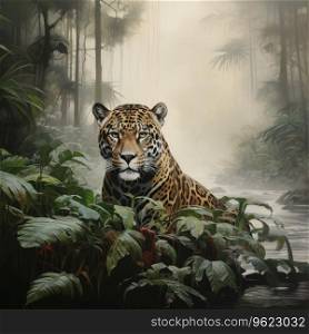 Jaguar walking in water. Panthera onca. Natural habitat.. Jaguar walking in water. Panthera onca. Natural habitat