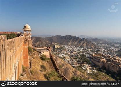 Jaigarh fort wall, aerial view in Jaipur, India.. Jaigarh fort wall, aerial view, Jaipur, India
