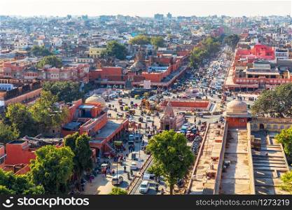 Jaipur downtown, pink city, aerial view in India.. Jaipur downtown, pink city, aerial view, India
