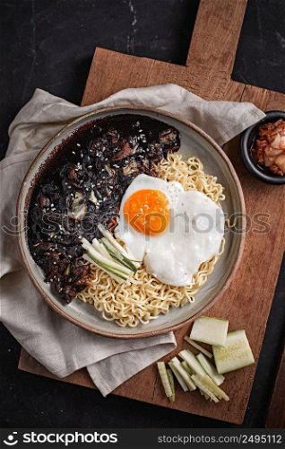 Jajangmyeon or JJajangmyeon is Korean Noodle with Black Sauce - Korean Food Style . Jajangmyeon or JJajangmyeon is Korean Noodle 
