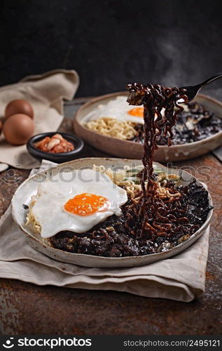 Jajangmyeon or JJajangmyeon is Korean Noodle with Black Sauce - Korean Food Style . Jajangmyeon or JJajangmyeon is Korean Noodle 