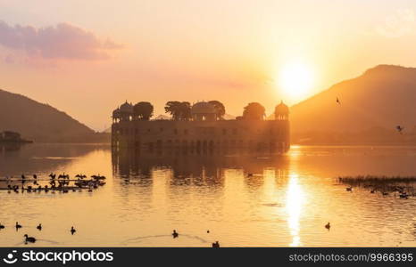 Jal Mahal Palace at sunrise, India, Jaipur, the Man Sagar Lake.