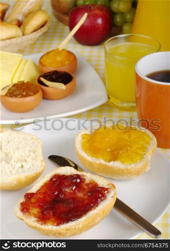 Jam breakfast with orange juice, coffee and fruits. Jam Breakfast