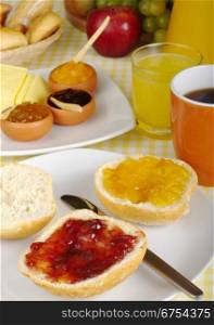 Jam breakfast with orange juice, coffee and fruits. Jam Breakfast
