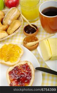 Jam breakfast with orange juice, coffee and fruits (Selective Focus). Jam Breakfast