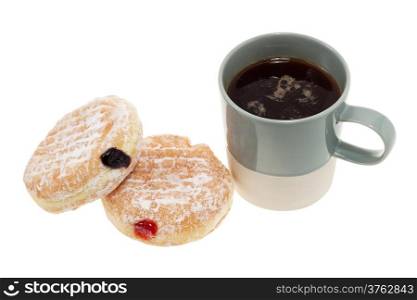 Jam donuts and cup of coffee isolated on white background