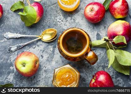 Jam from red apples.Apple jam.Autumn dessert.Flat lay. Fresh apple jam