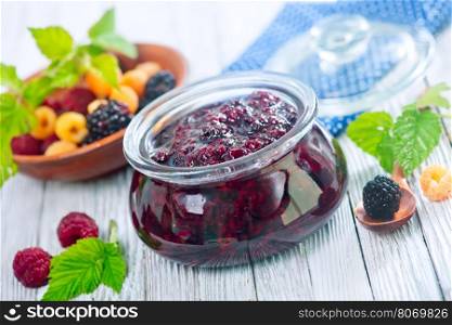 jam in glass bank anbd on a table