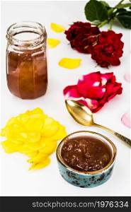 Jam Made of Rose Petals on White Background. National Bulgarian Cuisine.. Jam Made of Rose Petals on White Background