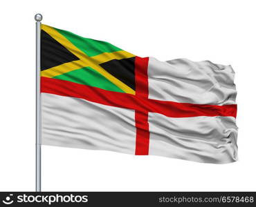 Jamaica Naval Ensign Flag On Flagpole, Isolated On White Background. Jamaica Naval Ensign Flag On Flagpole, Isolated On White