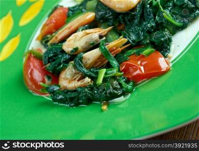 Jamaican Callaloo spinach with Shrimp - popular Caribbean dish