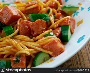 Jambalaya Pasta Salad with pepperoni sausage.