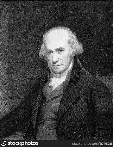 James Watt, inventor of the steam engine, vintage engraved illustration. From the Universe and Humanity, 1910.