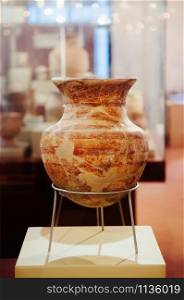 JAN 12, 2019 Udon Thani, Thailand - Ancient pottery and prehistory ceramic ware exhibits at Ban Chiang Museum