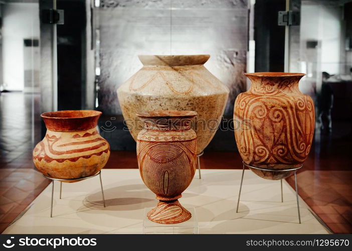 JAN 12, 2019 Udon Thani, Thailand - Ancient pottery and prehistory ceramic ware exhibits at Ban Chiang Museum