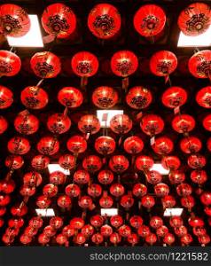 JAN 26, 2020 Bangkok, Thailand - Many red Chinese lamps hanging from ceiling - Classic Asian style red lamp decoration