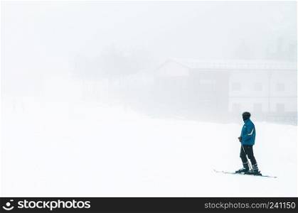 JAN 3, 2018 Kayseri, Turkey   Tourist on Mt. Erciyes ski resort covered with snow in winter on a foggy day
